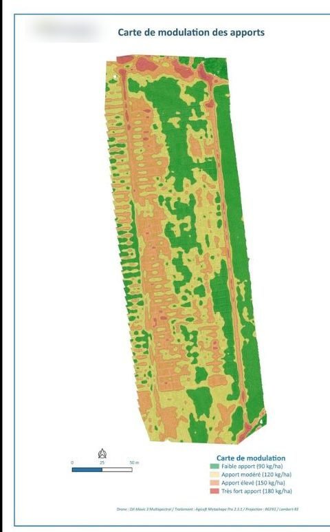 Carte de modulation des apports d'une parcelle, zones colorées du vert au rouge selon le niveau d'apport conseillé